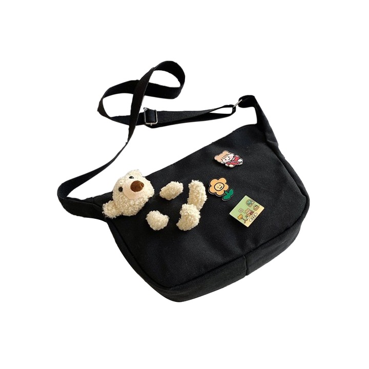 Vászon válltáska, Jormftte, mackómintás, nagy kapacitású, fekete