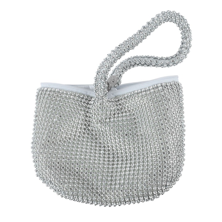 Női táska, Longziming, estélyi táska strasszokkal, ezüst, 14x31x45cm
