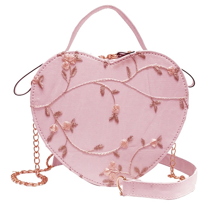 Jormftte női táska, szív modell, hímzett, rózsaszín, válltáskaként vagy kézitáskaként használható.