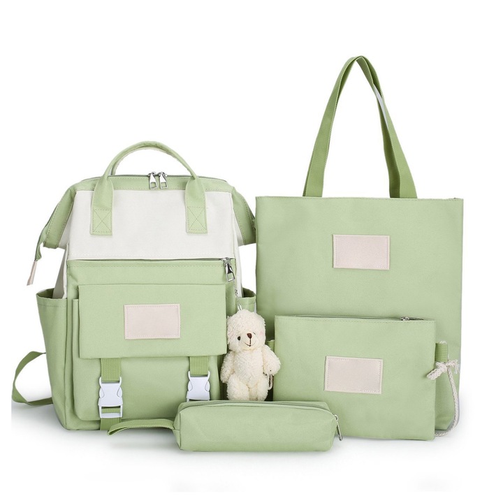 Jormftte iskolatáska szett, nagy kapacitású, 4 részes, világoszöld, bevásárlótáskával, telefontartó táskával és tolltartóval
