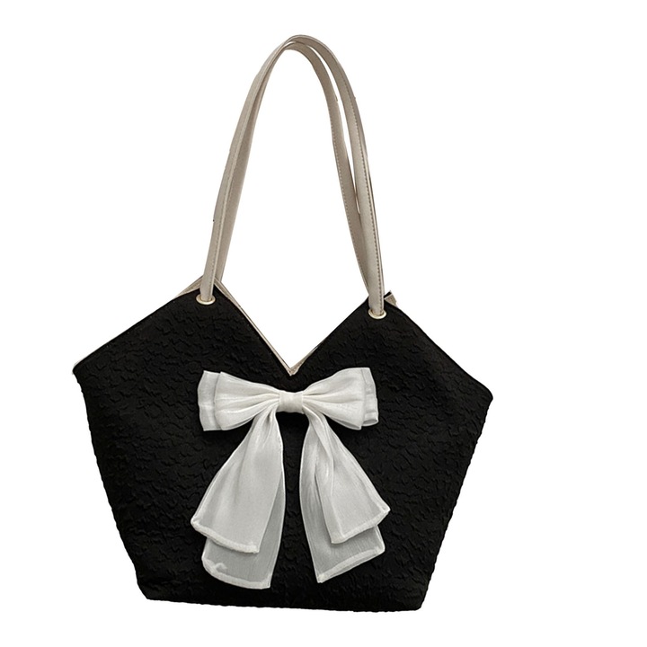 Tote táska, Longziming, M alakú nyílással, masnis kivitel, fekete, 14x31x45cm