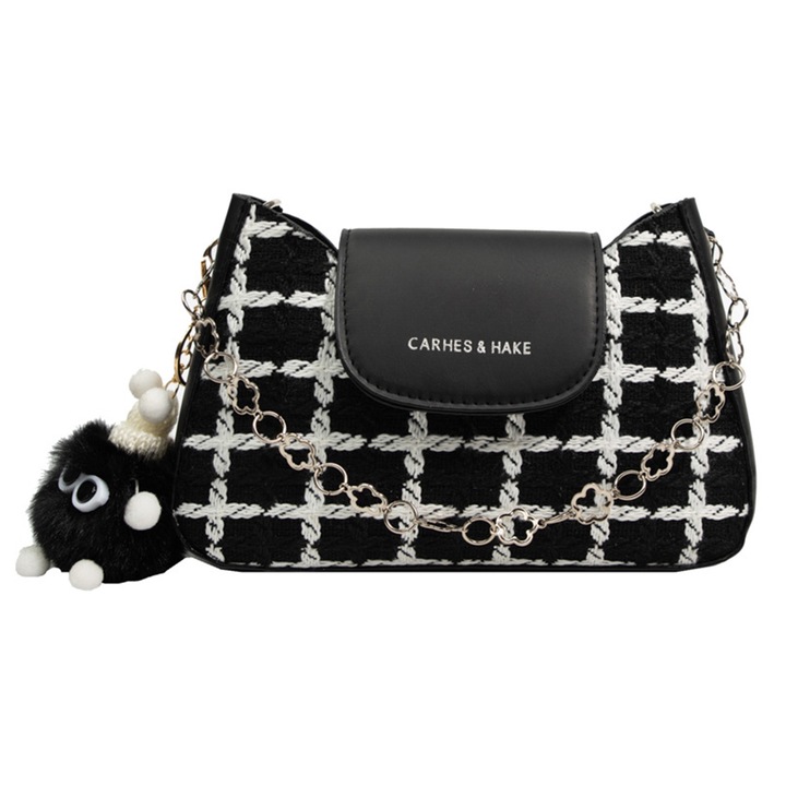 Női válltáska, Longziming, fekete, 14x31x45cm, vászonból és PU bőrből, dísszel