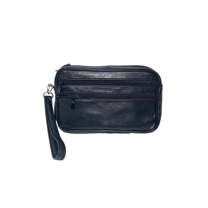 Borseta barbateasca de mana, neagra, din piele naturala, un compartiment principal 14 x 22, Magrot 24034