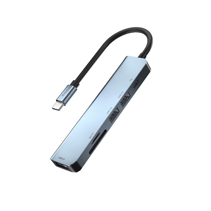 HUB адаптер 5 в 1, USB Type-C, 3xUSB 3.0 PD, 100W, SD / TF четец на карти, 1xUSB Type-C, алуминий, за лаптоп, MacBook Air, Macbook Pro, Surface Pro, Chromebook Pixel, Huawei Matebook и смартфон - е оборудван с USB-C порт 3.1, сив