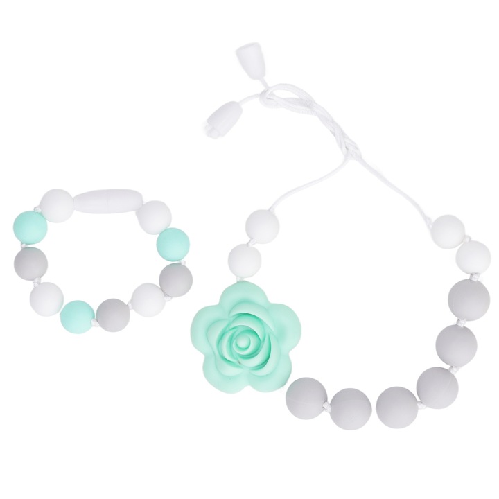 Játékkészlet fogzáshoz, Jormftte, rózsaszín medál, szilikon karkötő, gyöngyös design, szürke szín