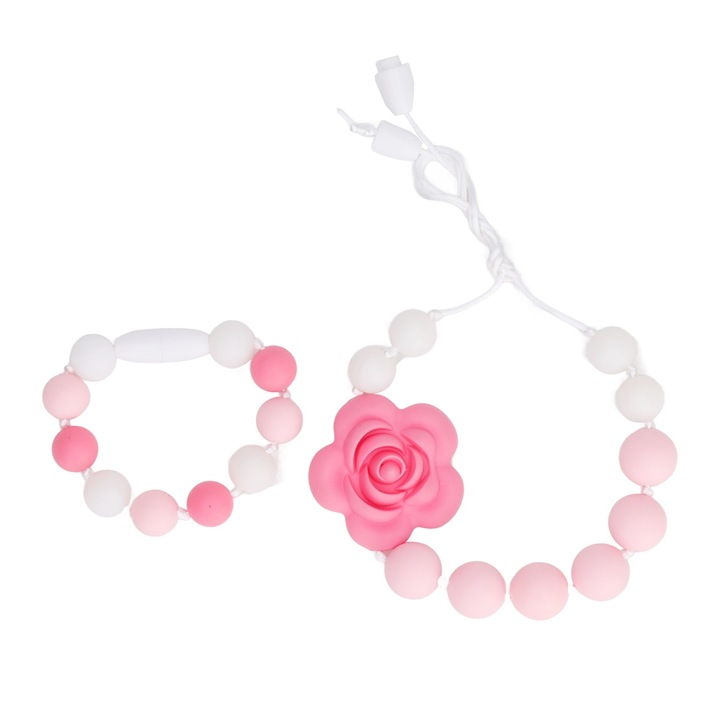 Játékszett fogzáshoz, Jormftte, rózsaszín virág alakú medál, szilikon, könnyen tisztítható, bőrbarát