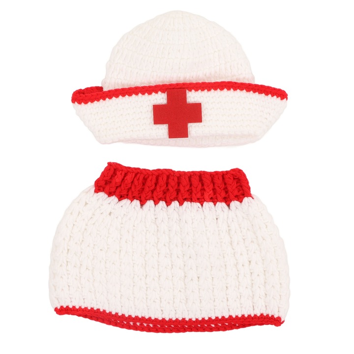 Бебешки комплект за снимки, пола и шапка, плетени на една кука, бяло/червено