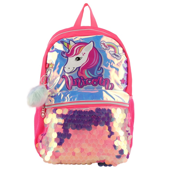 Jormftte iskolatáska, flitteres design, rajzfilm mintás, fluoreszkáló rózsaszín, nagy méret