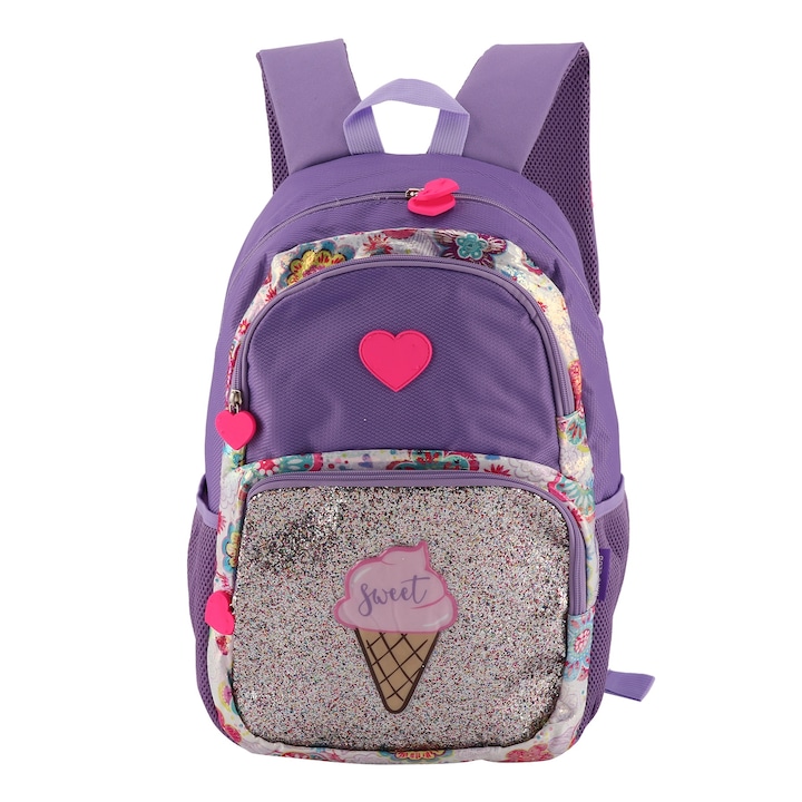 Fényes flitteres iskolatáska, fagylalt mintás, kisgyermek hátizsák, gyerekeknek, lila