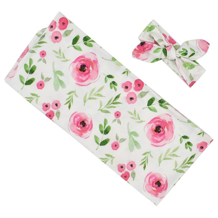 Jormftte babatakaró, virágmintás, puha anyag, fejpánt szettel, többszínű, 360x80cm