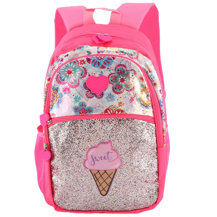 Jormftte gyerek hátizsák, virágmintás modell, fluoreszkáló rózsaszín, nagy méretű, párnázott pántokkal