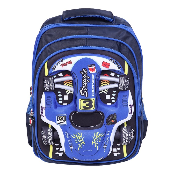 Jormftte gyerek hátizsák, 3D mintás autóval, nagy kapacitású, kék színű, S méret
