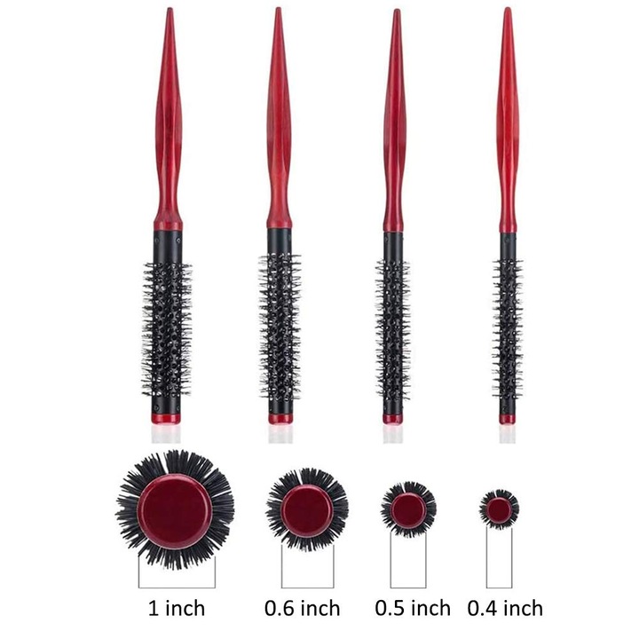 Set 4 perii de par, lemn si nylon, rosu si negru, ergonomic, 20x5cm