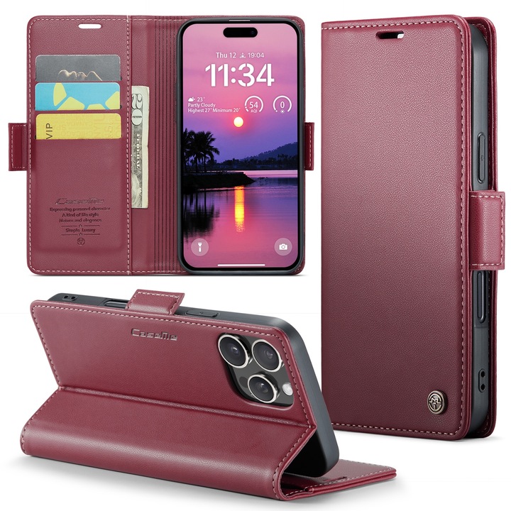 Husa pentru iPhone 16 Pro Max, CaseMe, slim, piele, tip portofel, stand, inchidere sigura magnetica, textura moale si aderenta in mana, protectie RFID, Rosu