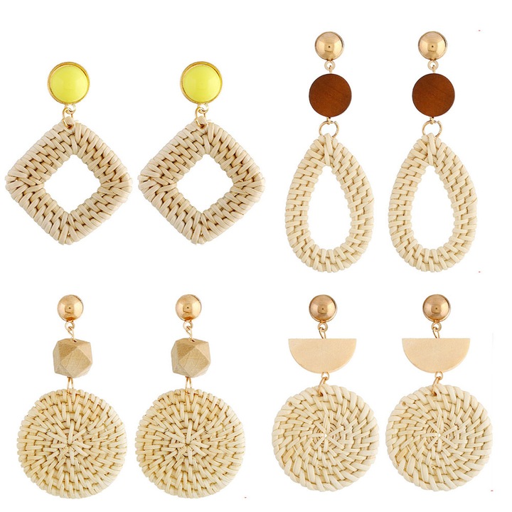 Set 4 perechi cercei din ratan, cercei lungi, stil boho, multicolor