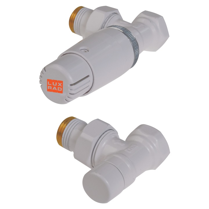 Kit termostatic unghiular Luxrad alb, 1/2” x 1/2”, cu supapa termostatica, supapa de retur si cap termostatic, solutie completa pentru controlul temperaturii la calorifere