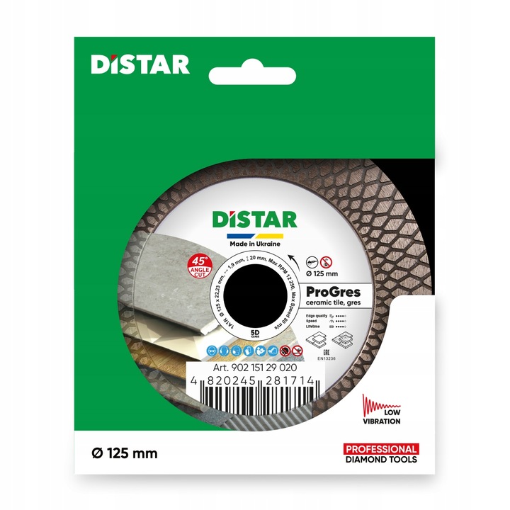Disc diamantat Distar PRO Gres 125mm, 20mm strat diamantat, 22.23mm gaura montaj, pentru taiere si slefuire