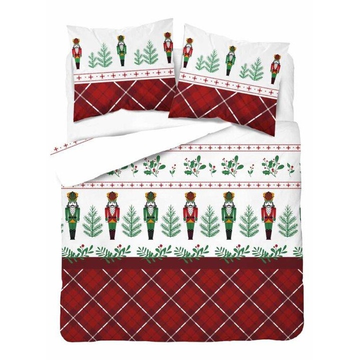 Lenjerie de pat flanel 200x220cm + 2x70x80cm, Detexpol, design sarbatori, 100% bumbac