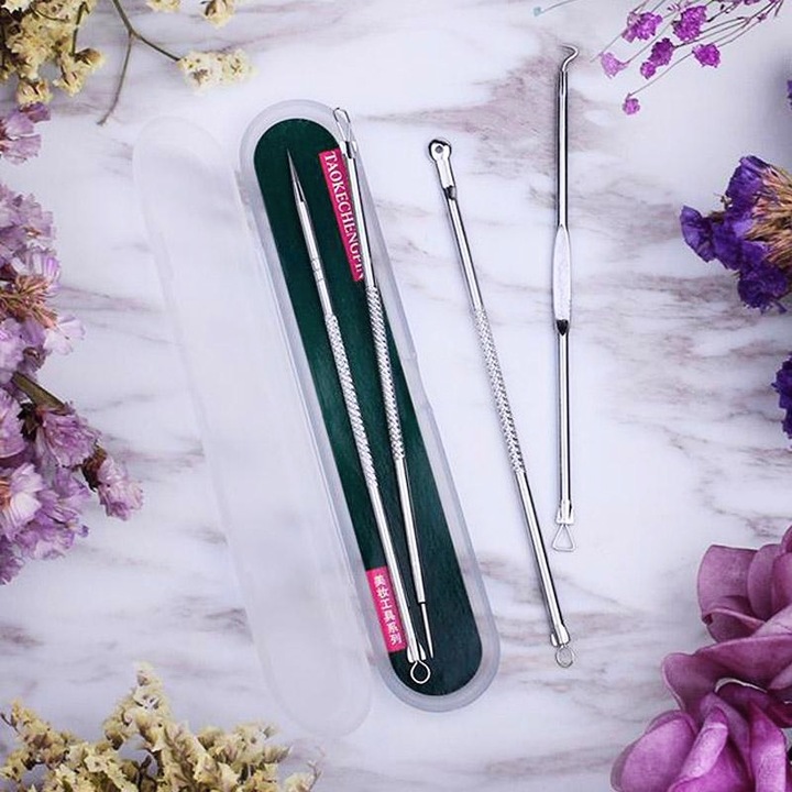 Set instrumente pentru puncte negre si acnee, din otel inoxidabil, e instrumente, manere antiderapante, ideale pentru ingrijirea completa a tenului