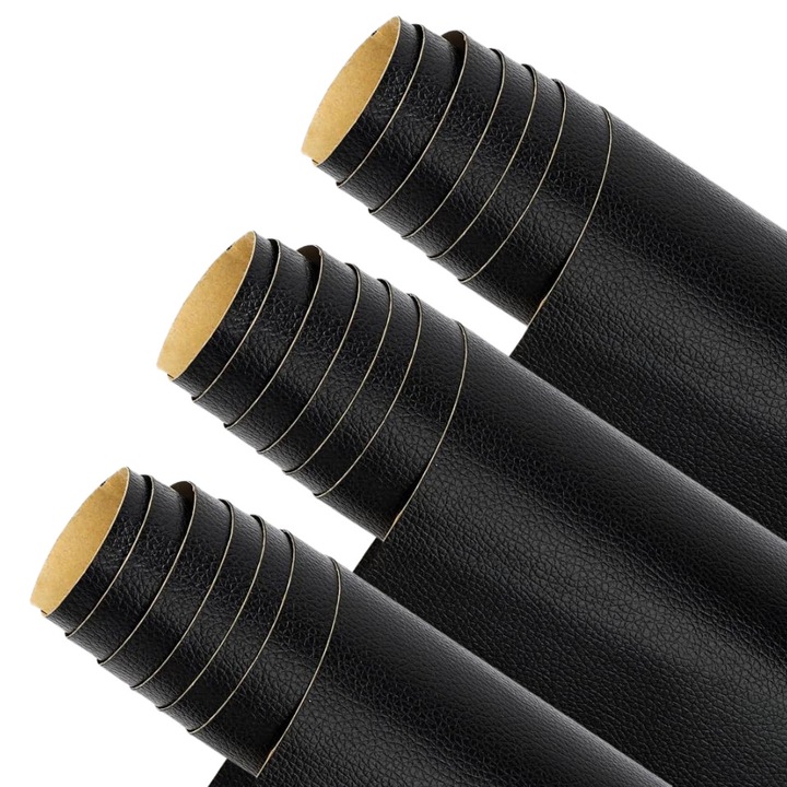 Set 3 Bucati de Folie din Piele Ecologica, Autoadeziva, pentru Reparatie Canapea, Fotolii, Scaune, Interior Autoturism, 50 x 138 cm, Negru - MaffStuff
