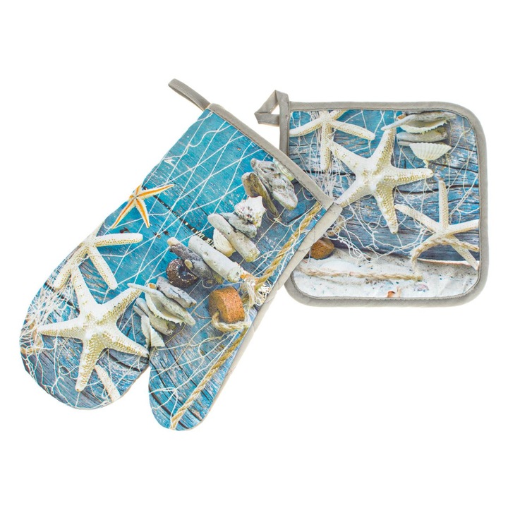 Sütőkesztyű és szalvéta, bézs, tengeri csillag kagylóhéjak - 2 db
