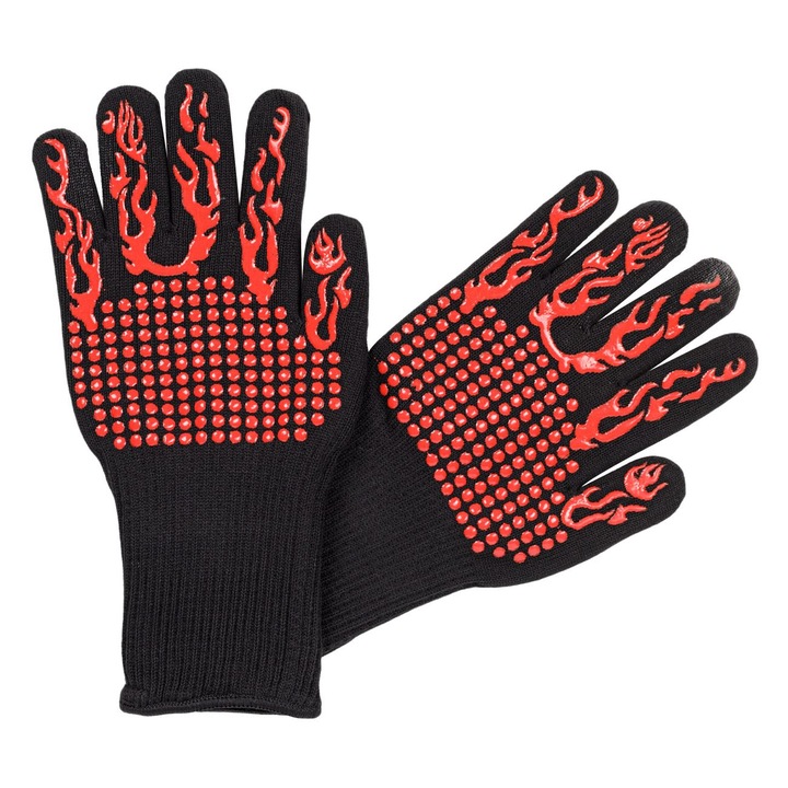 Antbro® grillkesztyű készlet, akár 300 C-ig hőálló, sűrű anyagból, fekete színben piros mintákkal