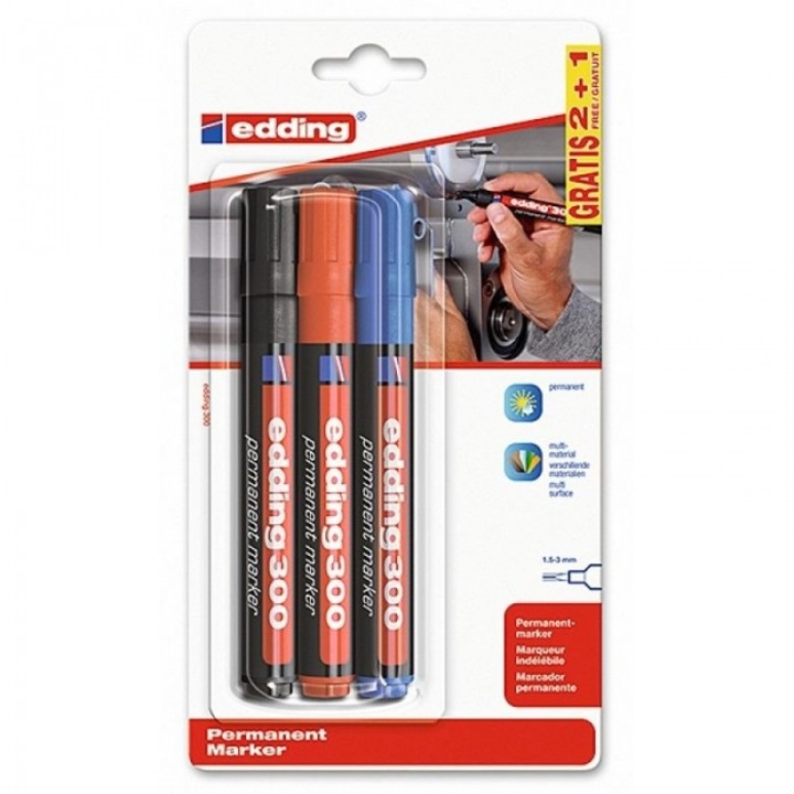 Marker permanent Edding e-300 set 3 culori, 1,5-3mm, negru, rosu, albastru, 115x215mm