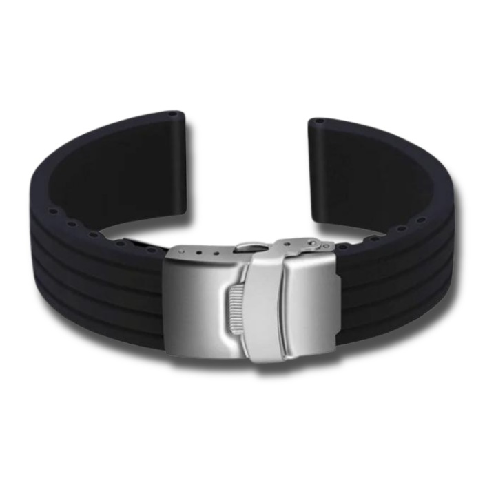 Силиконова каишка за часовник, линеен печат, обикновена, сребриста катарама, 20 mm, черен цвят