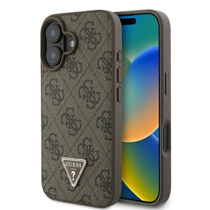 Калъф за Apple iPhone 16 Plus Guess, кожен 4G Triangle Strass, твърд калъф, кафяв