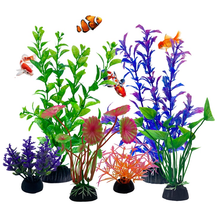 Set 6 Planta artificiala acvariu, Baza stabila, Rezistent la deformare, Reutilizabile, Usor de curatat, Plastic, 5/10/20 cm, Multicolor