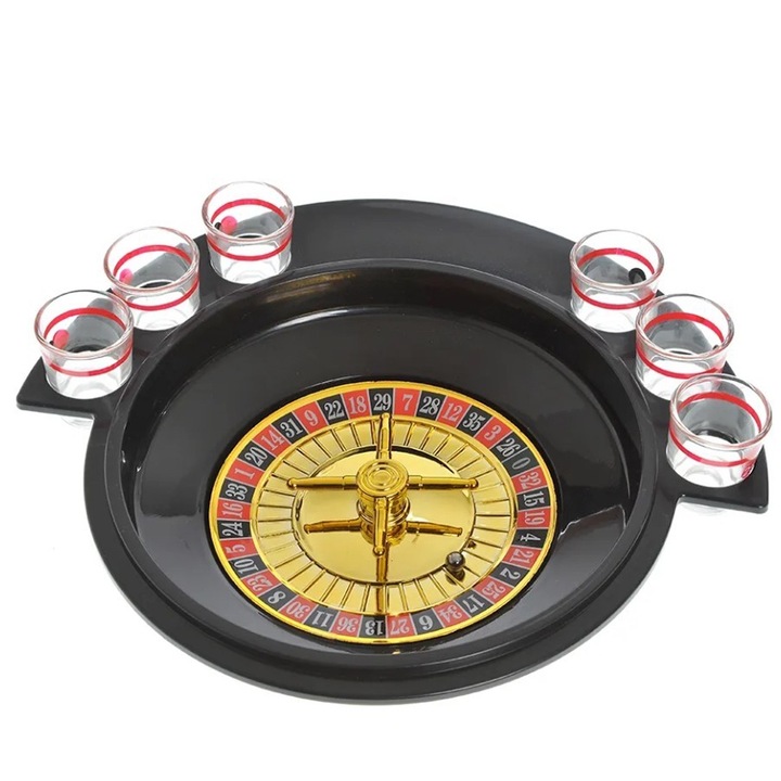 Rulett pohárral, ivójáték, parti, interaktív, 6 pohárral együtt, 30x26,5x6,5 cm, fekete/piros