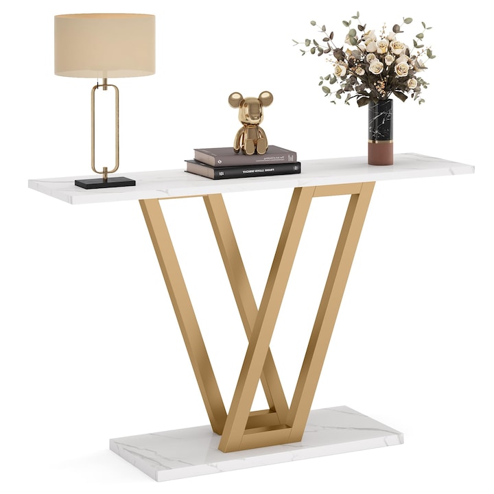 Masa consola, Tribesigns, Design minimalist, MDF, 110x30x80cm, Alb/Auriu