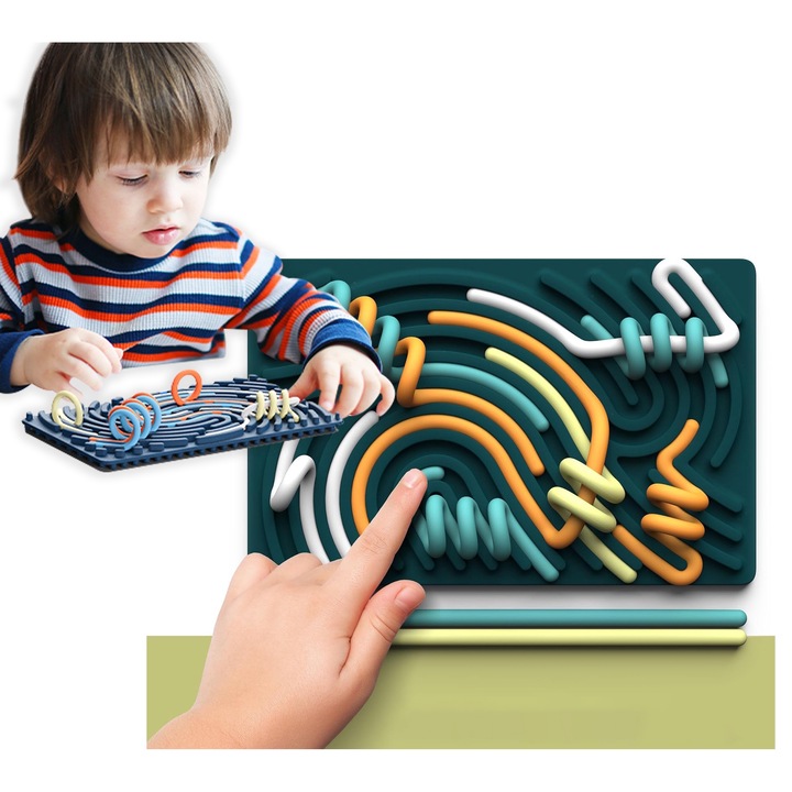 Tabla de activitati senzoriale, Excitat®, silicon, Copii 3+ si adulti, include geanta portabila de calatorie si 11 siruri, Verde