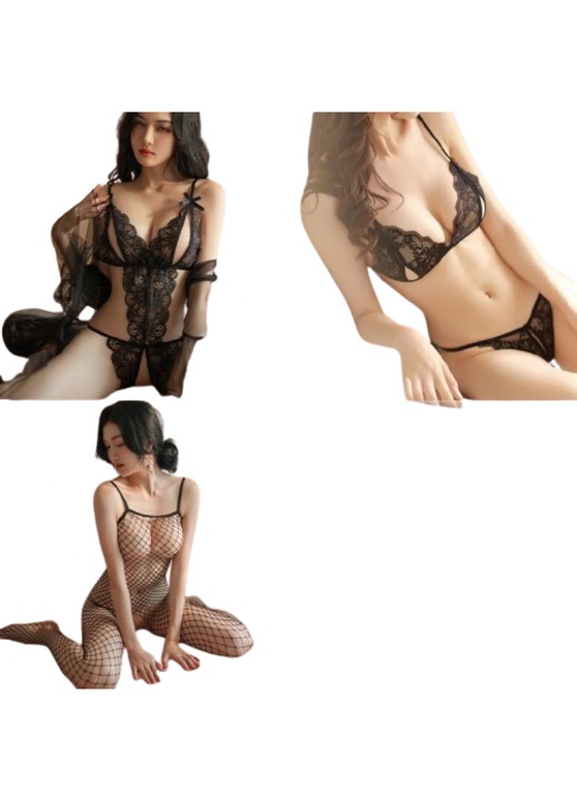 3 Seturi lenjerie sexy, Poliester, Negru, Marime unica