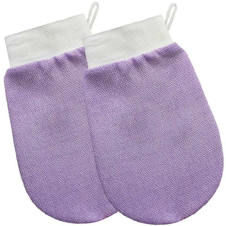 Комплект от 2 ексфолиращи ръкавици за тяло, Hggzeg, Cord Design, За премахване на мъртви кожни клетки, Стимулира кожния метаболизъм, Почистване и масаж, за многократна употреба, Текстил, 14x22 см, лилави