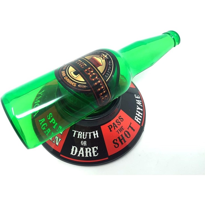 Настолна игра Spin the Bottle, Интерактивна, Динамична, 2-6 играча, Размери 18x12 см, Зелена с щампа
