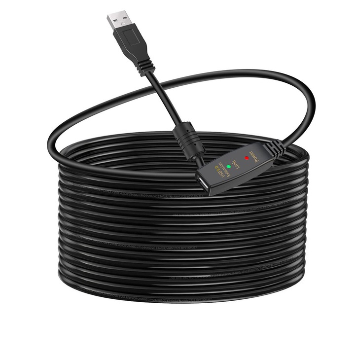USB 3.0 удължителен кабел, 5 м, MorFansi®, USB мъжки към женски удължител, с вграден усилвател на сигнала, 5 Gb/s, черен