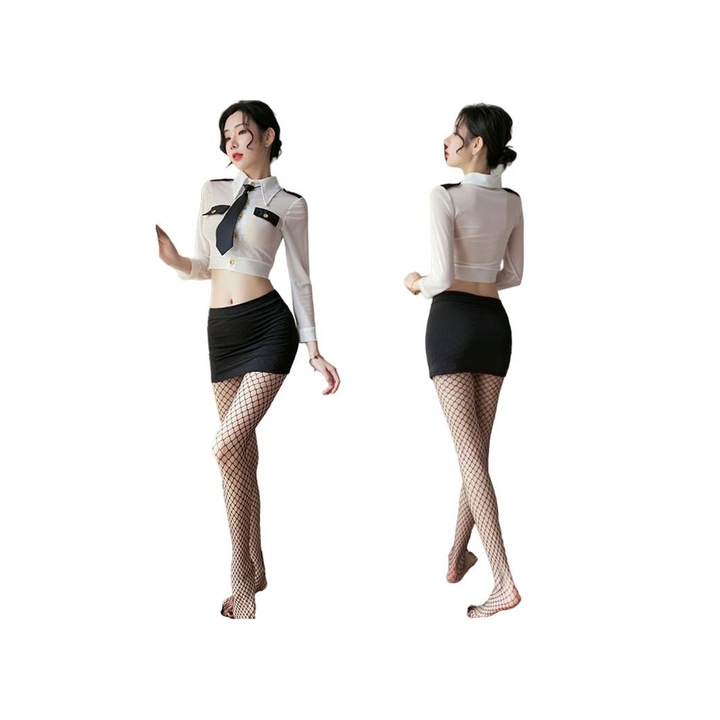 Costum sexy dama, Costum sexy stewardesa, poliester, alb/negru, One Size