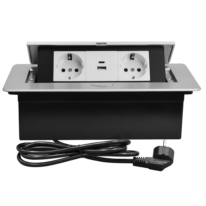 Priza Incorporabila in mobilier, ATOMKIT, 2 Prize Schuko, USB A+C, Conductori cupru, Material de Aluminiu, Calitate Superioara, Cablu Alimentare 1.8 m, 26.6 cm, 11.8 cm, Argintiu