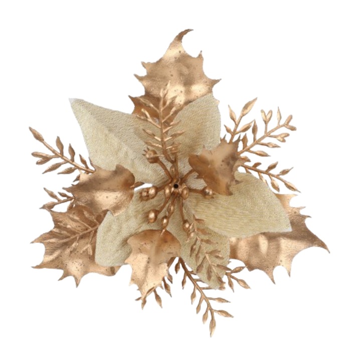 Floare de Craciun decorative auriu 1 duzina = 12 flori si cu cleme