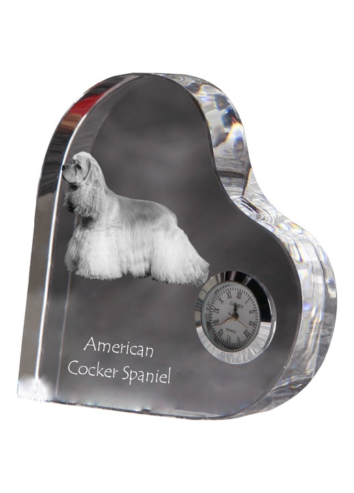 Кристален часовник във формата на сърце, Art-Dog, с американски кокер шпаньол, 10.6x10.6x1.6см