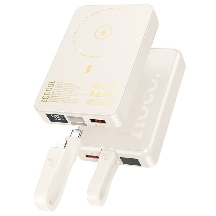 Baterie Hoco Q24, MagSafe si Powerbank, 10.000mAh, Cablu integrat cu Type-C si Lightning, Port USB, Incarcare Wireless, Beige
