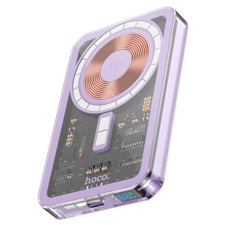 Baterie Externa, powerbank Hoco (Q14) Wireless, 1xUSB-C PD, 5V, 2A, Magnet, Display LED, 5.000mAh, Purple