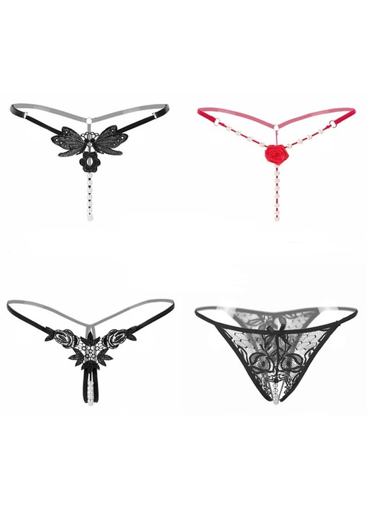 Set 4 perechi chiloti dama, Elastan, Negru/Rosu, Marime unica
