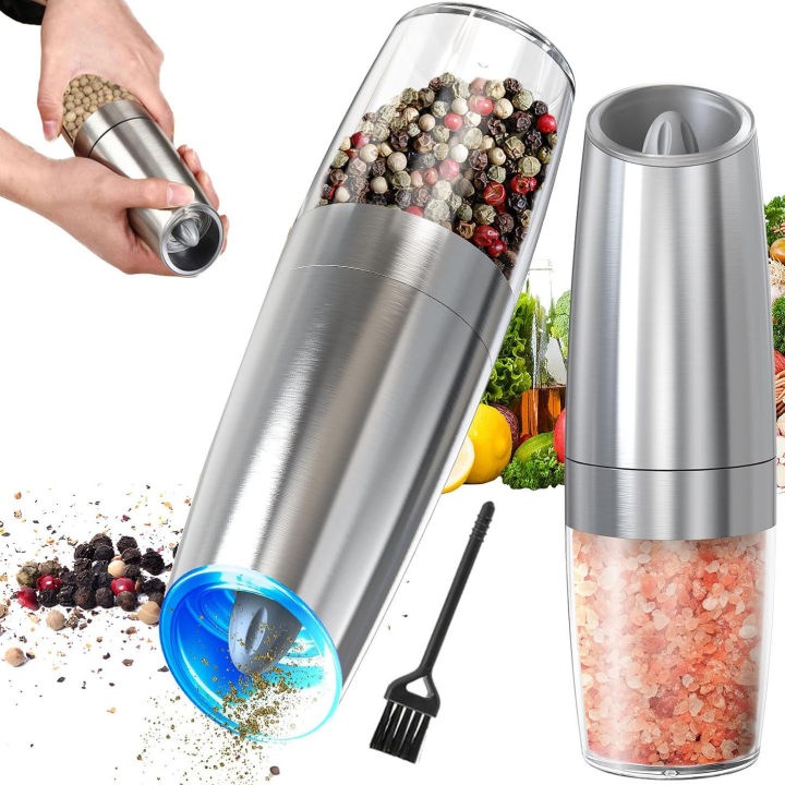Rasnita electrica sare si piper Set de 2, Vitdipy, cu camere depozitare transparente, Reglare Grosime Macinare, Functionare pe Baterii, Acril, Argint/Transparent, Cu 8 baterii