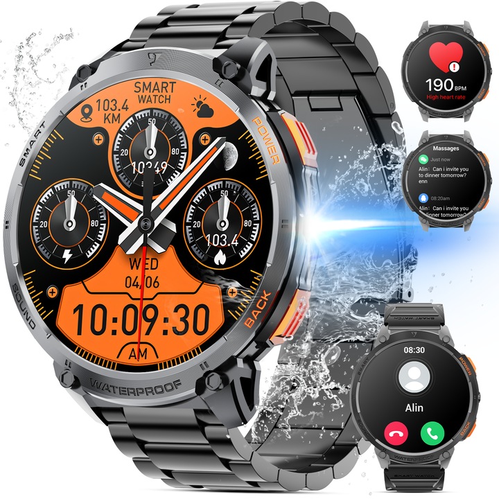 Smartwatch Carkira, 1,85-инчов екран, Bluetooth разговор, крачкомер, изключително дълго време в режим на готовност, социални съобщения, интелигентни известия, спортен режим, режим на заспиване, електрическо фенерче, сърдечен ритъм, черно, стоманена каишка