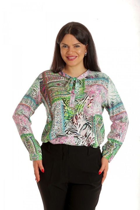 Női blúz, aszimmetrikus, zöld mintával és masnival