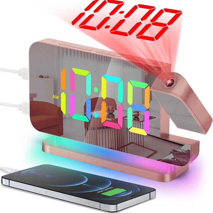 Kivetítős ébresztőóra, Excitat®, 6,5 hüvelykes, 180°-ban forgatható projektor, RGB éjszakai fény, USB C töltőport, automatikus fényerőszabályzó, rózsaszín arany