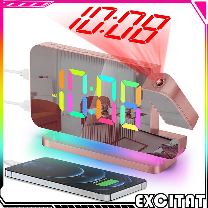 Ceas cu alarma de proiectie, Excitat®, 6.5in cu proiector rotativ la 180°, lumina de noapte RGB, port pentru incarcator USB C, dimmer automat, Aur roz