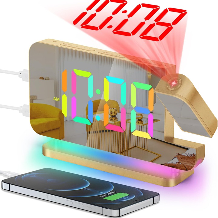Kivetítős ébresztőóra, Excitat®, 6,5 hüvelykes, 180°-ban forgatható projektor, RGB éjszakai fény, USB C töltőport, automatikus fényerőszabályzó, arany